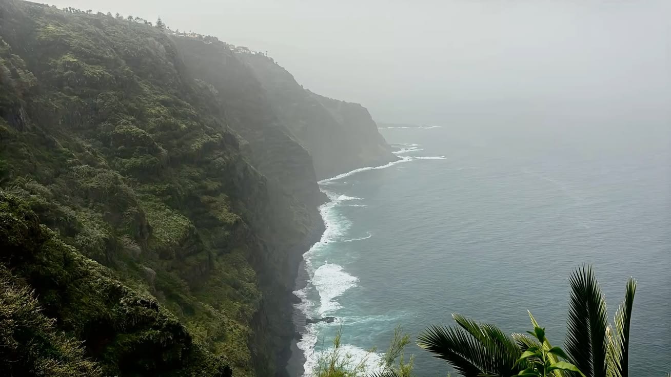 Misty ocean waves meeting a lush green headland